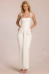 Square Neck Tie Gather Maxi Dress in Pearl