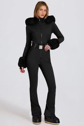 Waterproof Faux Fur Hood Fitted Ski Suit in Black