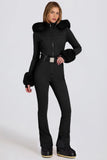 Waterproof Faux Fur Hood Fitted Ski Suit in Black