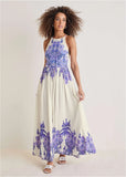 Printed Linen Maxi Dress Purple Paisley Border