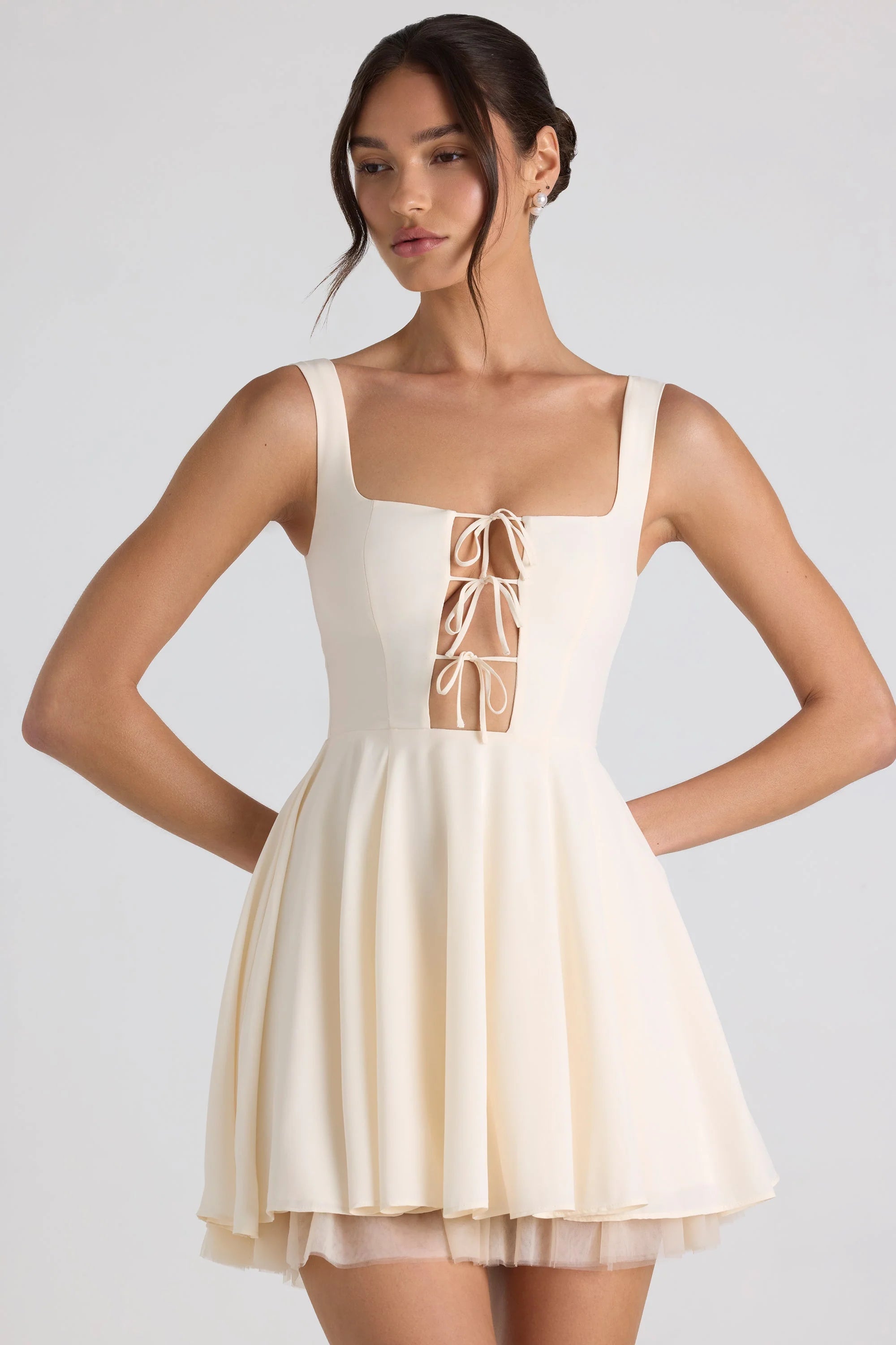 Tie Detail A Line Micro Mini Dress in Ivory