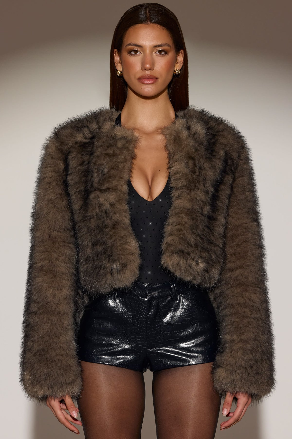 Cropped Faux Fur Jacket in Chocolate Brown