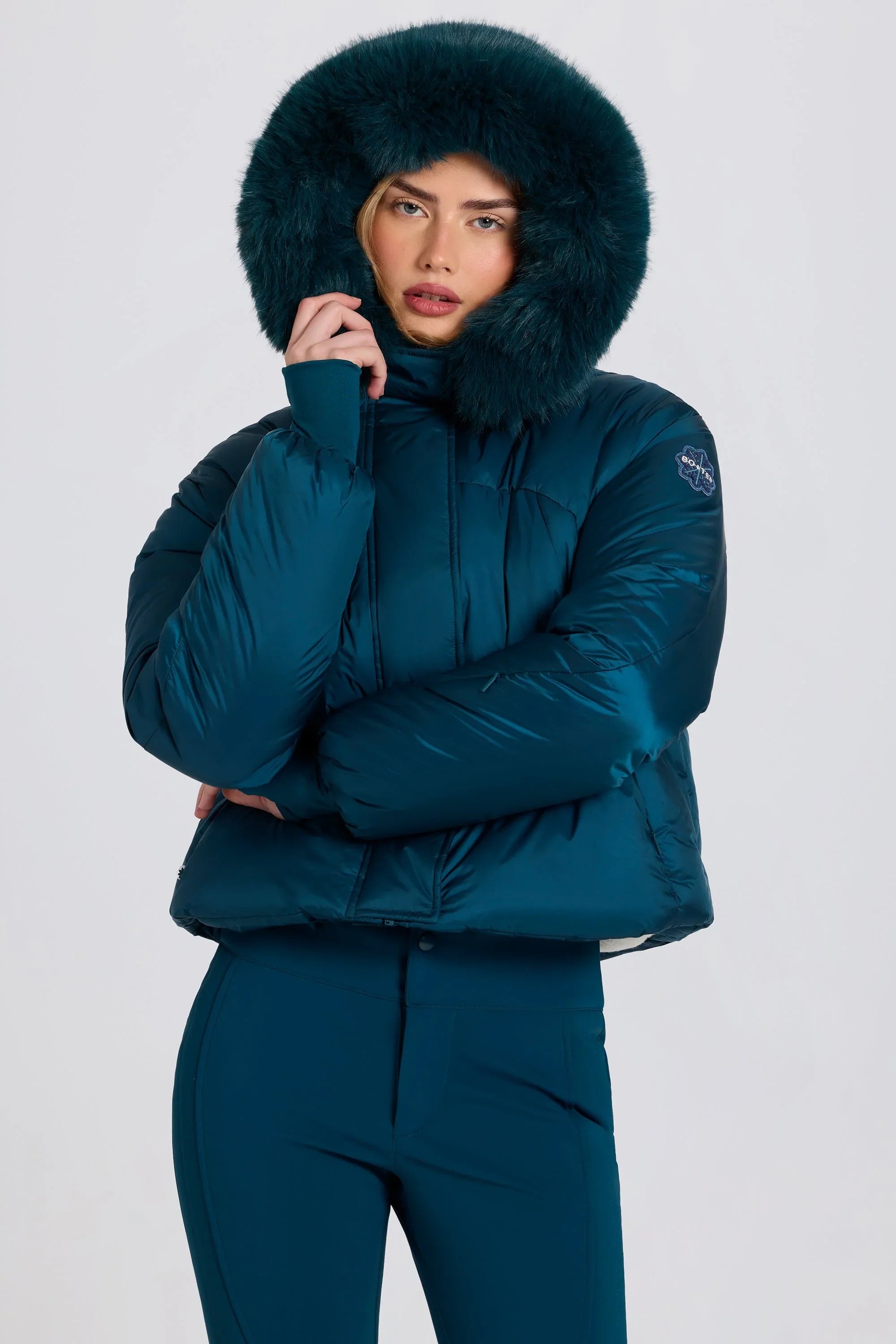 Waterproof Faux Fur Hood Cropped Ski Jacket in Teal