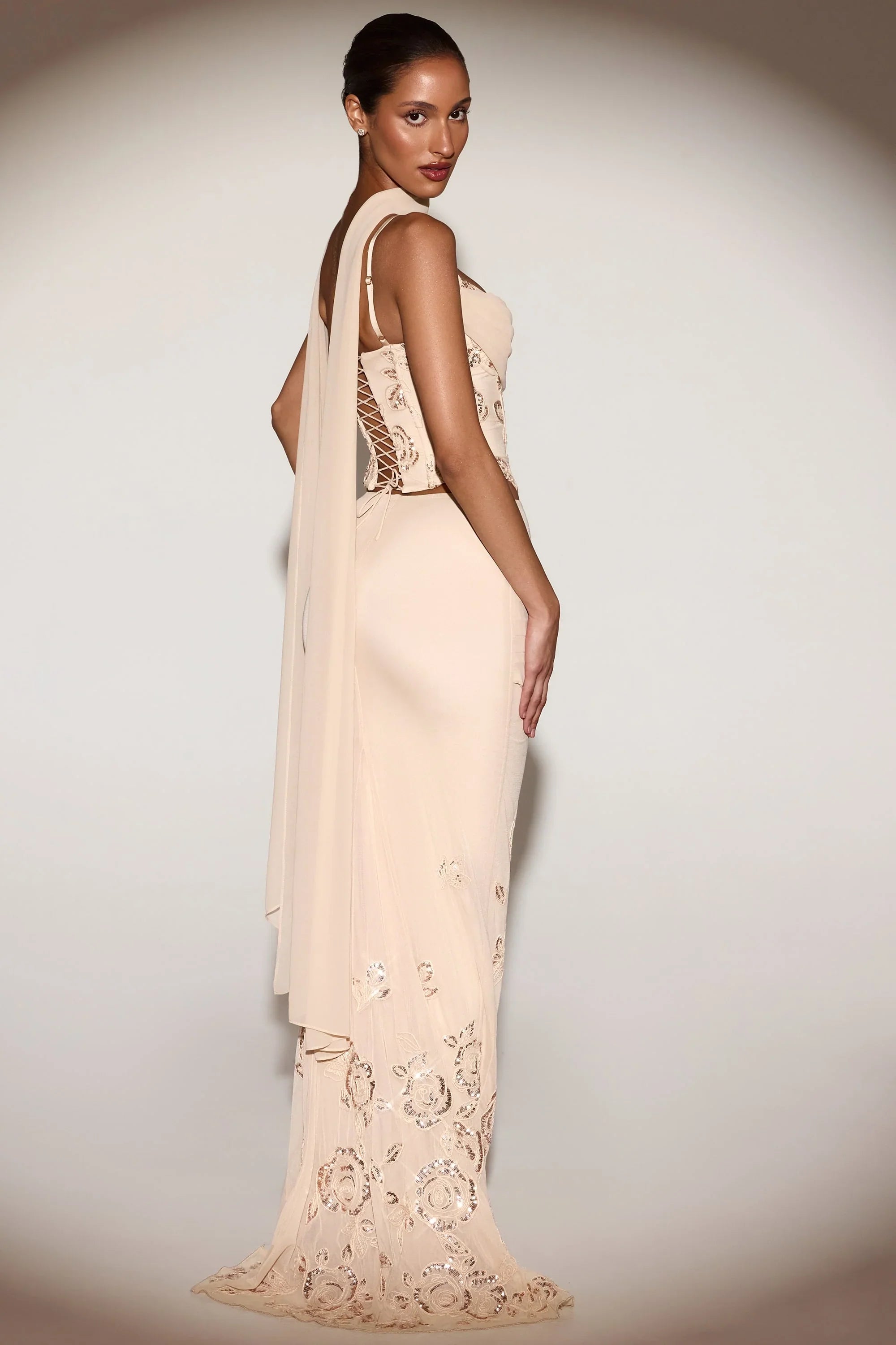 Embellished Draped Mid Rise Gown Skirt in Gold