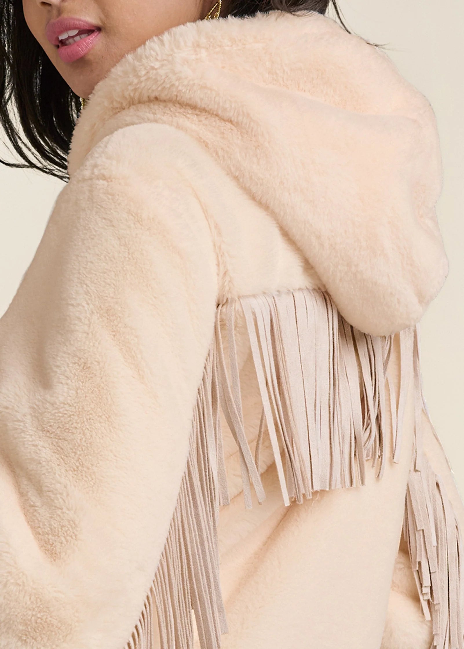 Faux Fur Bomber Jacket With Fringe Detail White