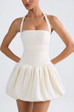 Halterneck Lace Up Bubble Hem Corset Micro Mini Dress in Ivory