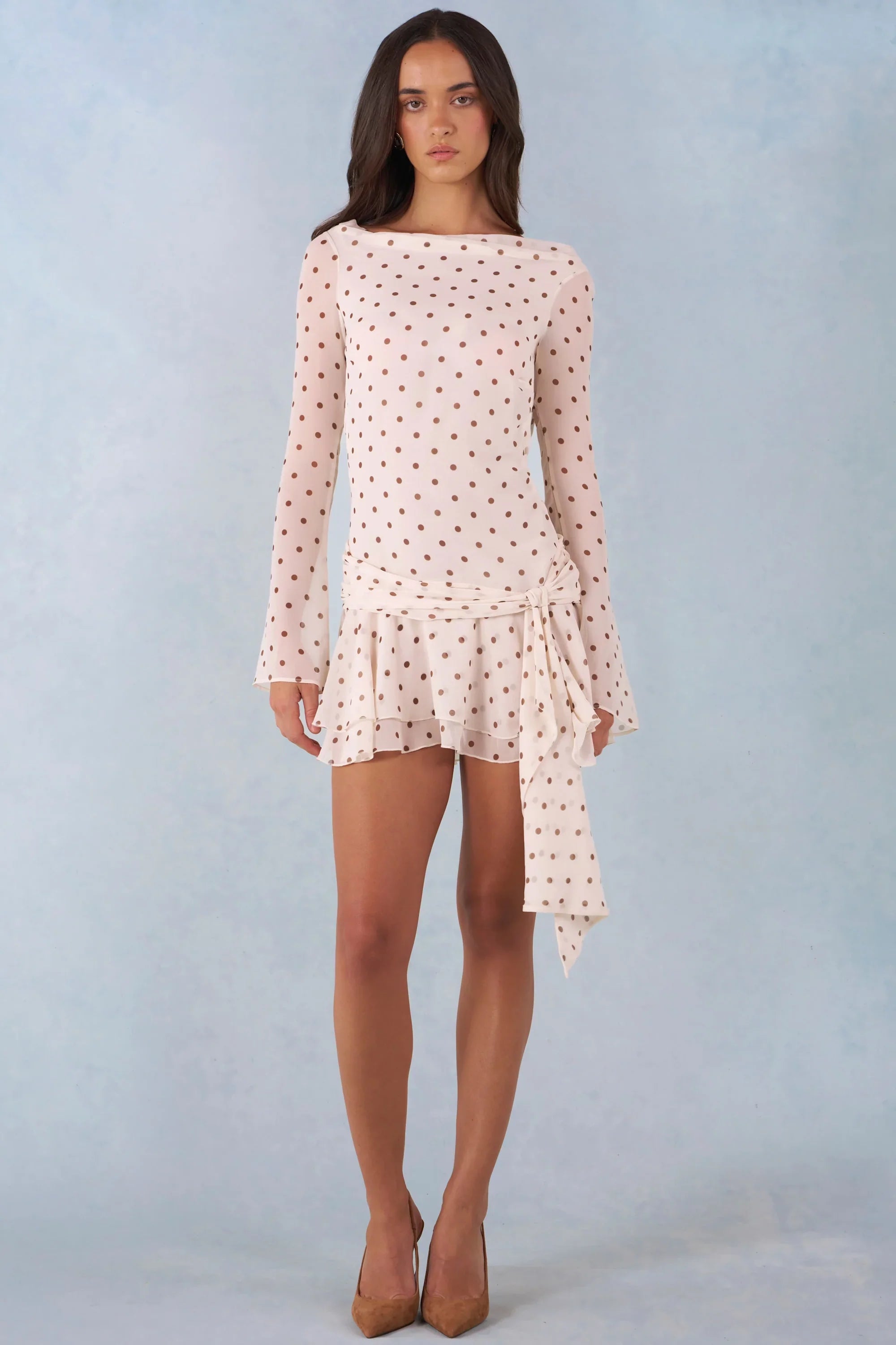 Long Sleeve Open Back Mini Dress in Ivory Polka Dot Print