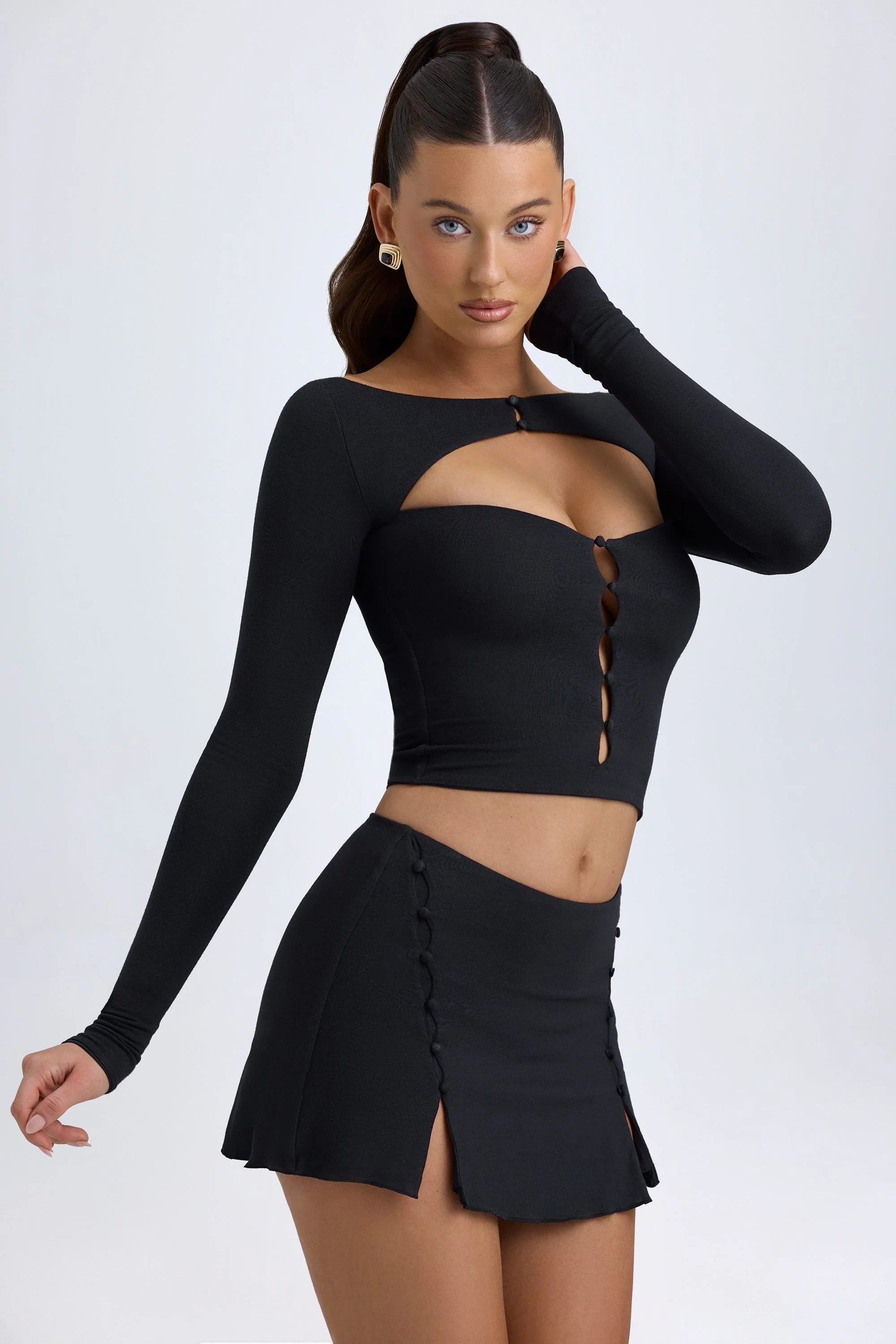 Modal Cut Out Button Detail Top in Black