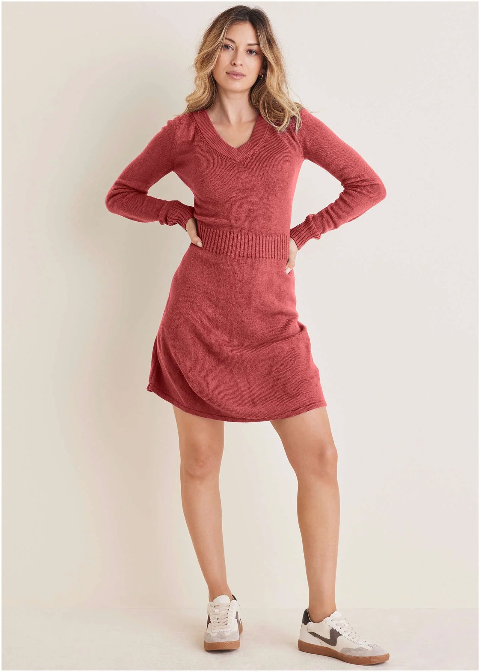 V Neck Mini Sweater Dress Mineral Red