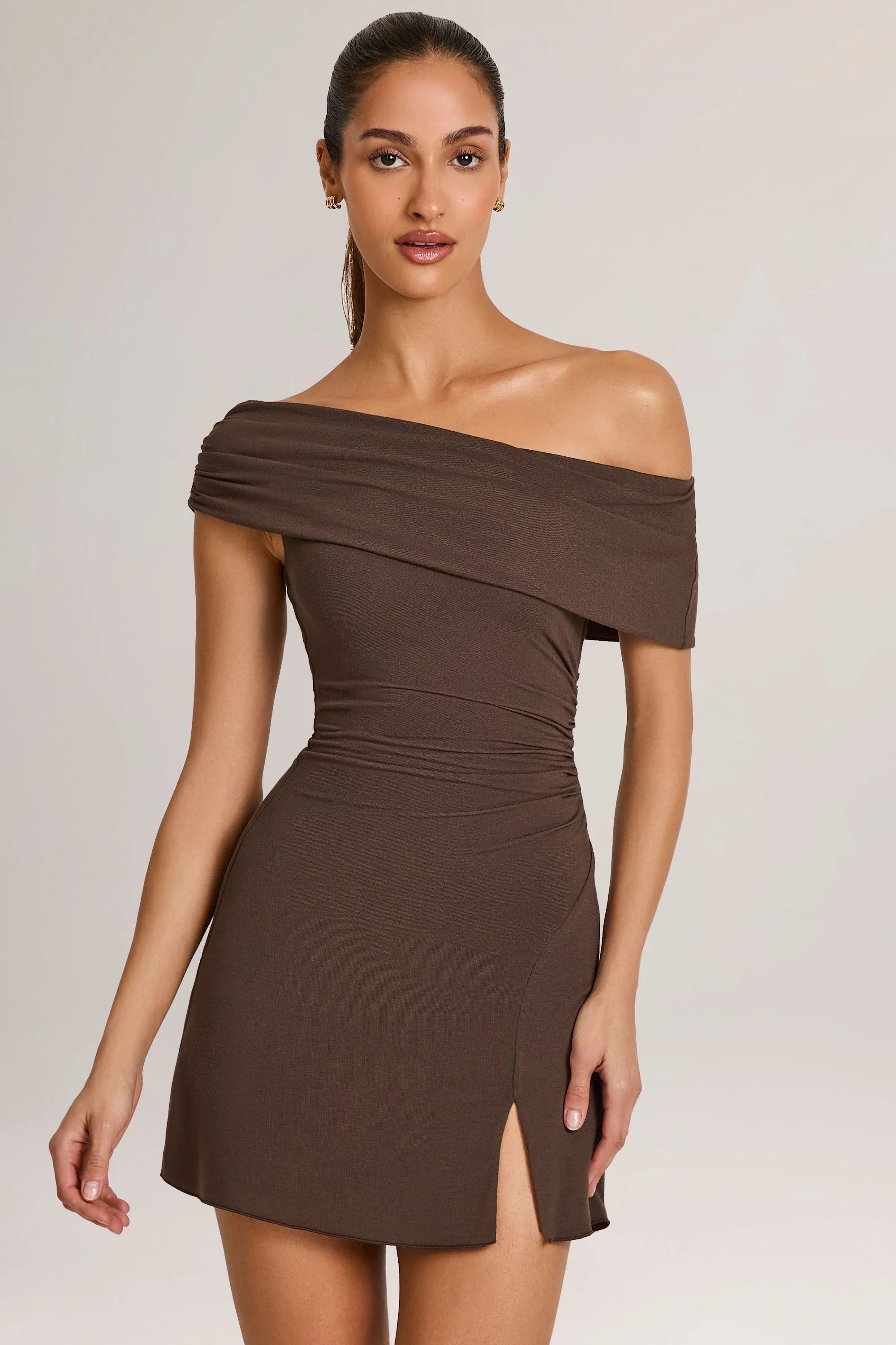 Modal Asymmetric A Line Mini Dress in Chocolate Brown