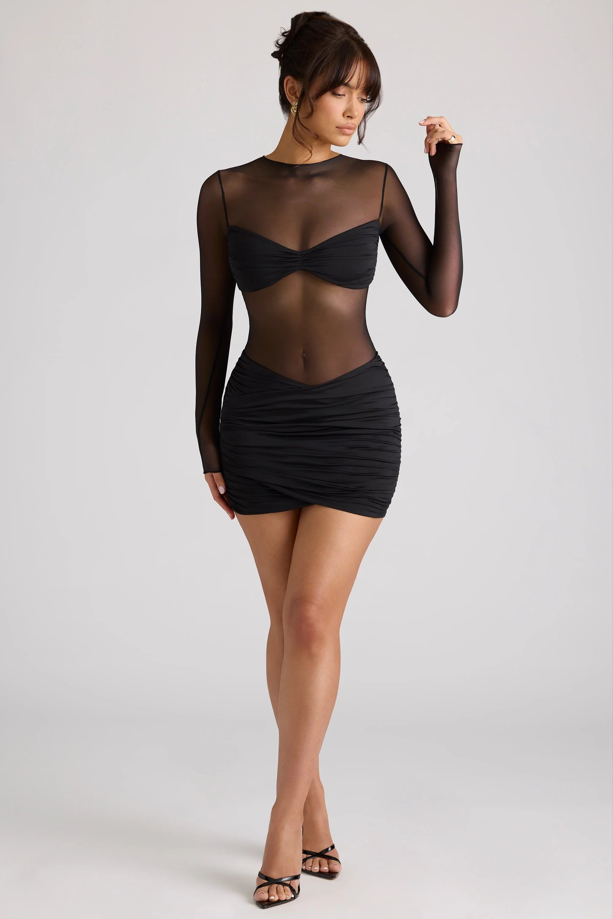 Sheer Panelled Long Sleeve Mini Dress in Black