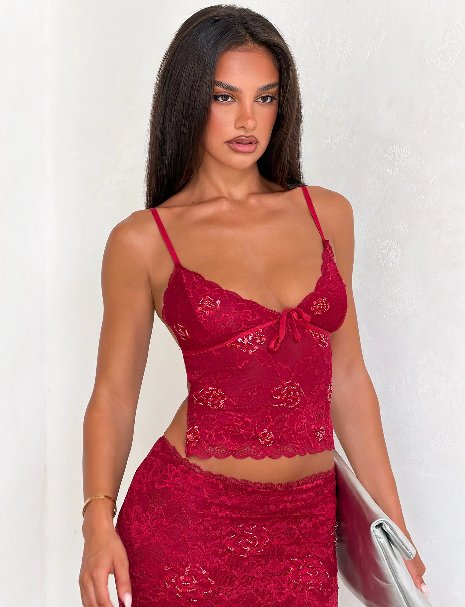 KIRRA BEADED SEQUIN LACE TOP RED