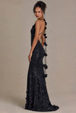 Embellished Plunge Open Back Gown in Black