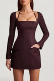 Pinstripe Structured A Line Mini Dress in Chocolate Brown