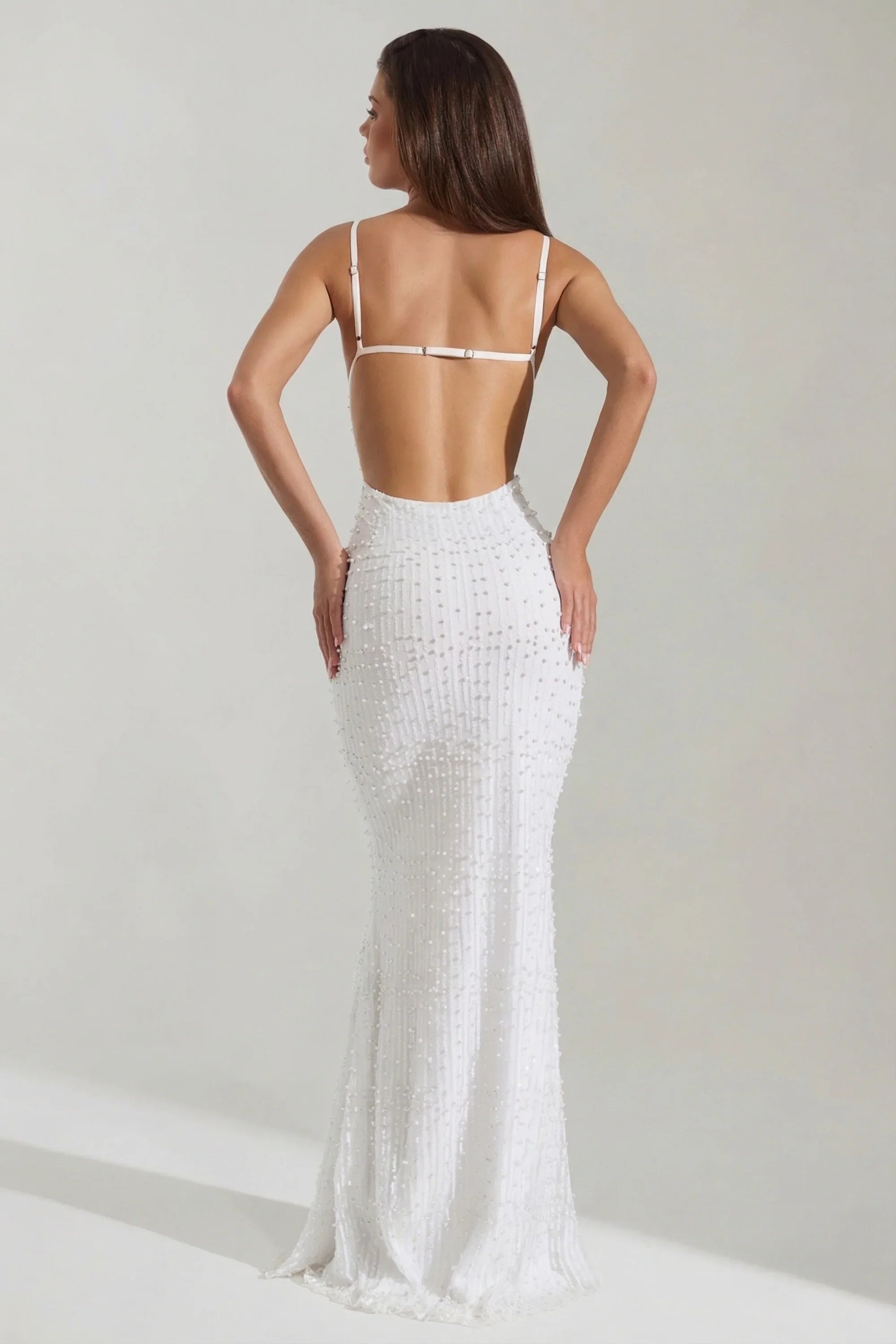 Embellished Cowl Neck Backless Maxi Dress in White