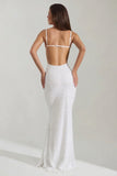 Embellished Cowl Neck Backless Maxi Dress in White