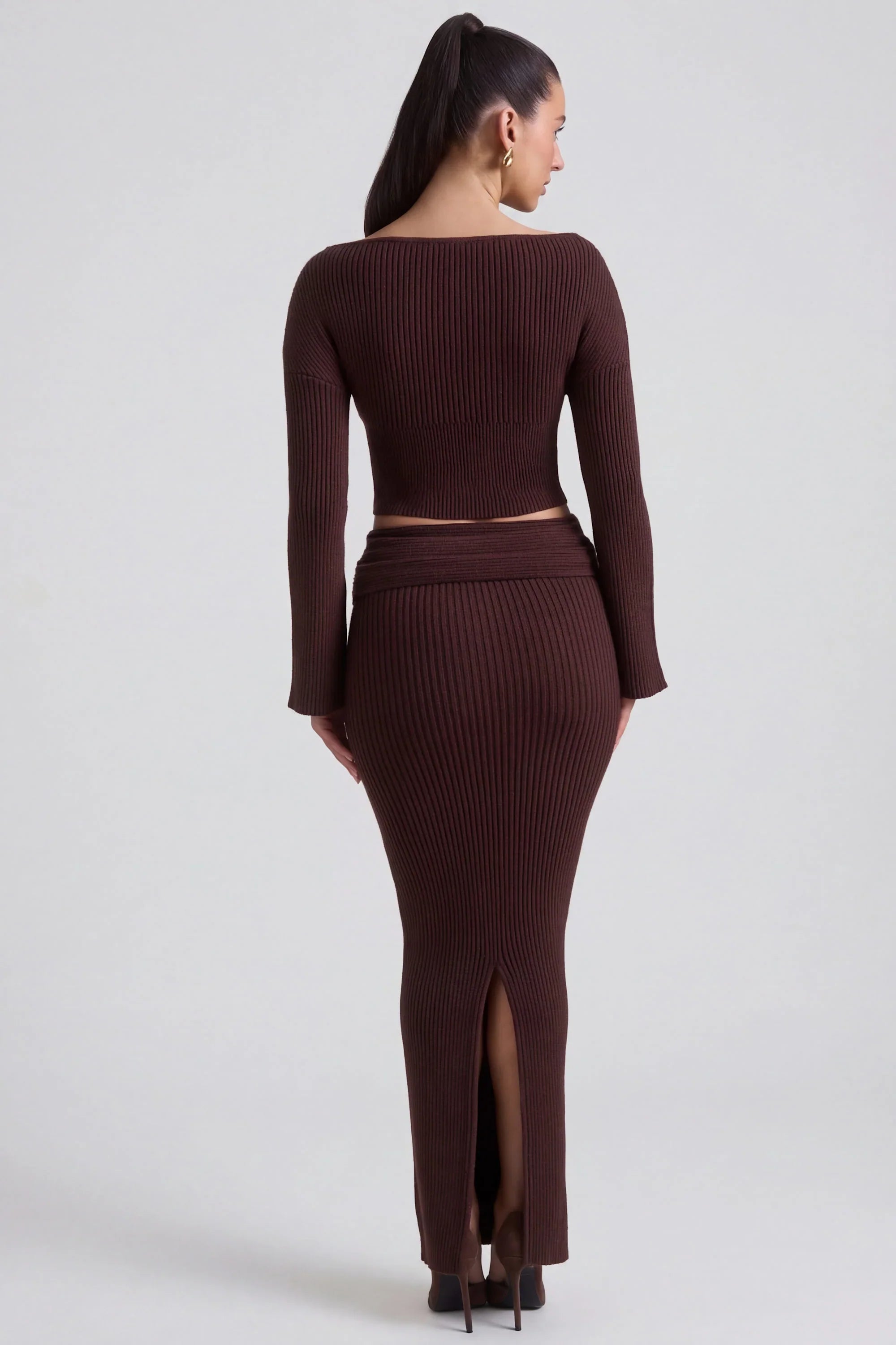 Ribbed Knit Foldover Maxi Skirt in Espresso