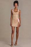 Embellished Open Back Mini Dress in Gold