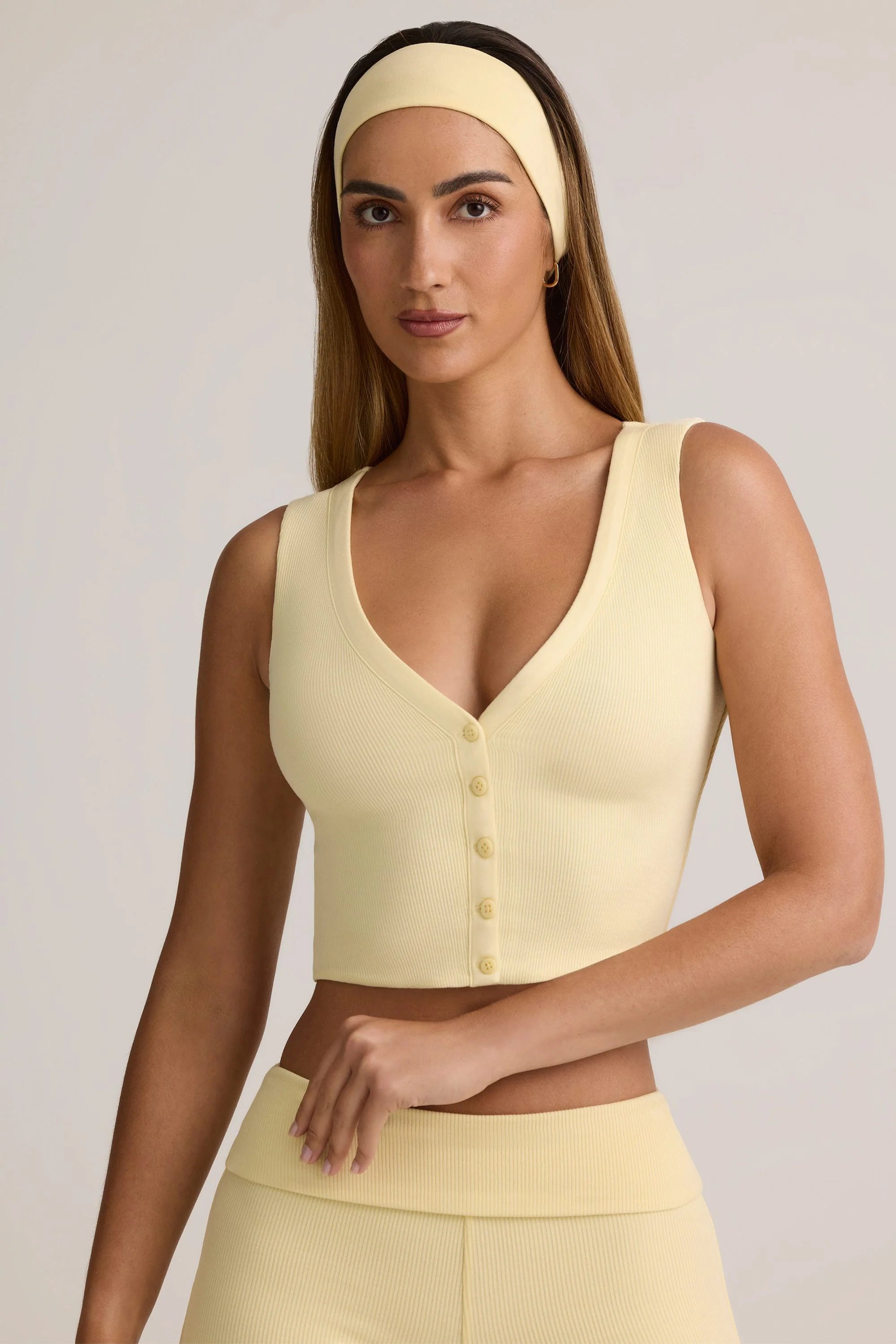 Modal Ribbed Button Up Vest Top in Buttercream Yellow