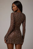 Sheer Embellished Long Sleeve A Line Mini Dress in Deep Cocoa