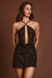 Embellished Halterneck Cowl A line Mini Dress in Brown Snake
