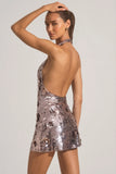 Sequin Embellished Halterneck Mini Dress in Silver
