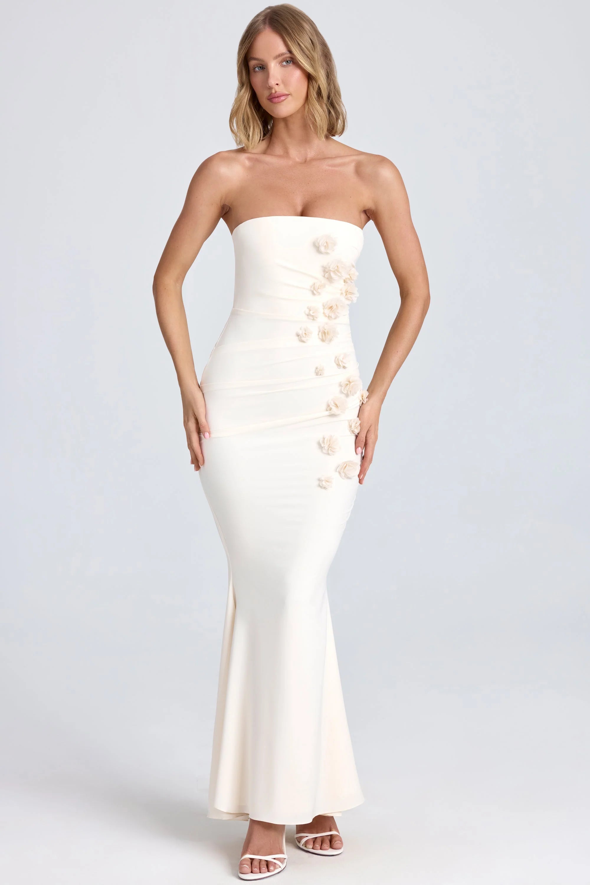 Draped Floral Appliqué Maxi Dress in Ivory