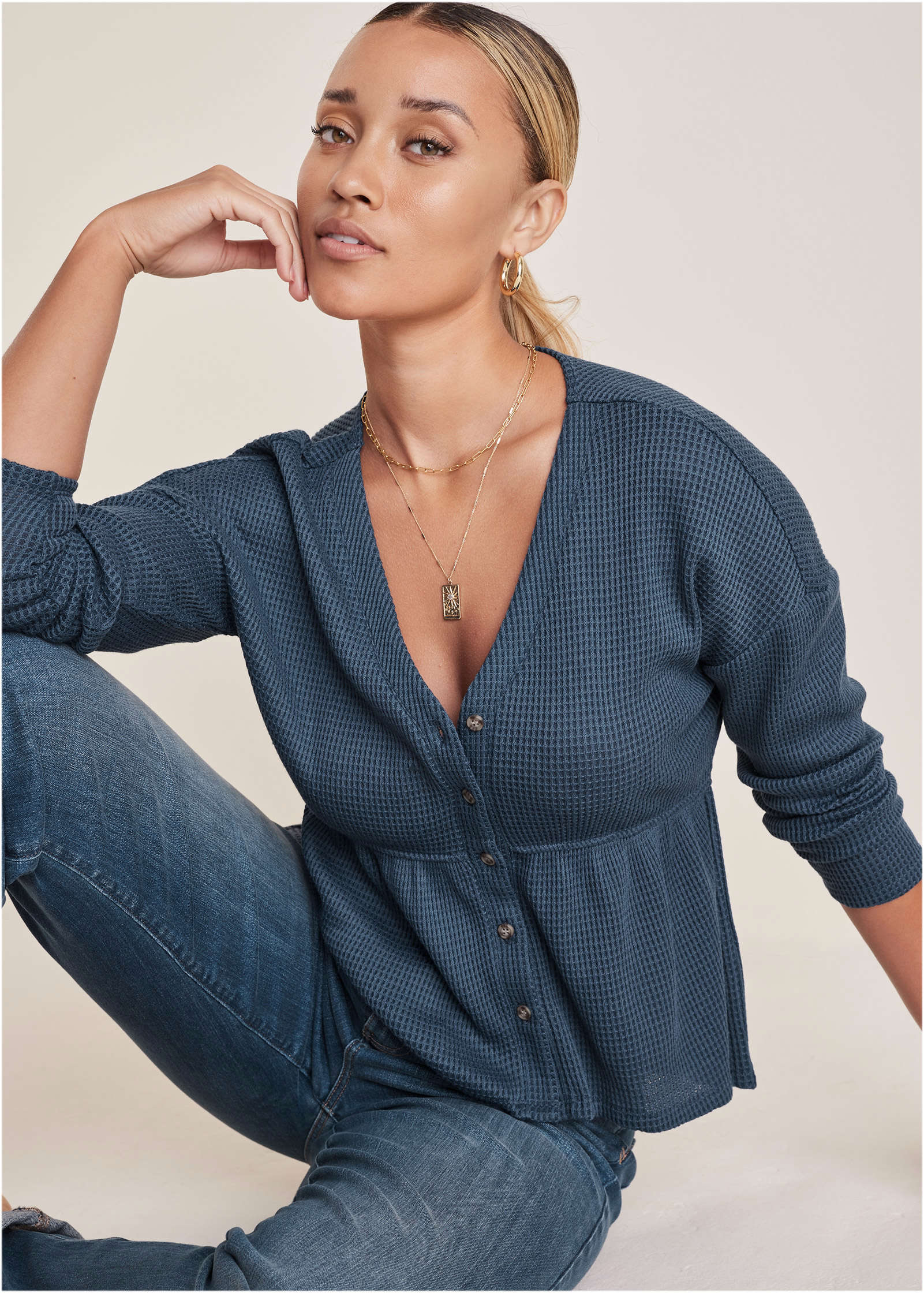 Waffle Babydoll Henley Vintage Indigo