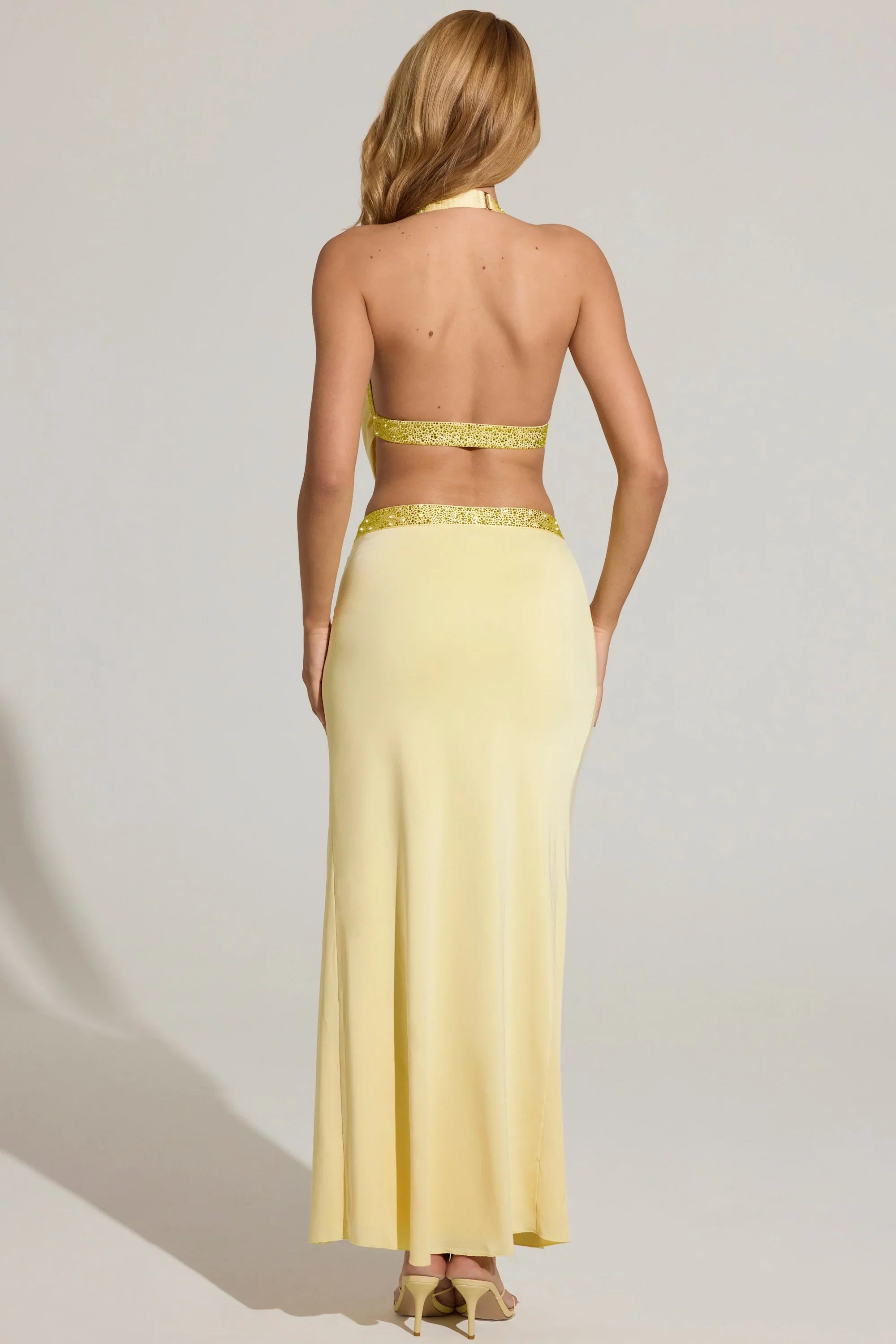 Embellished Low Rise Maxi Skirt in Lemon Yellow