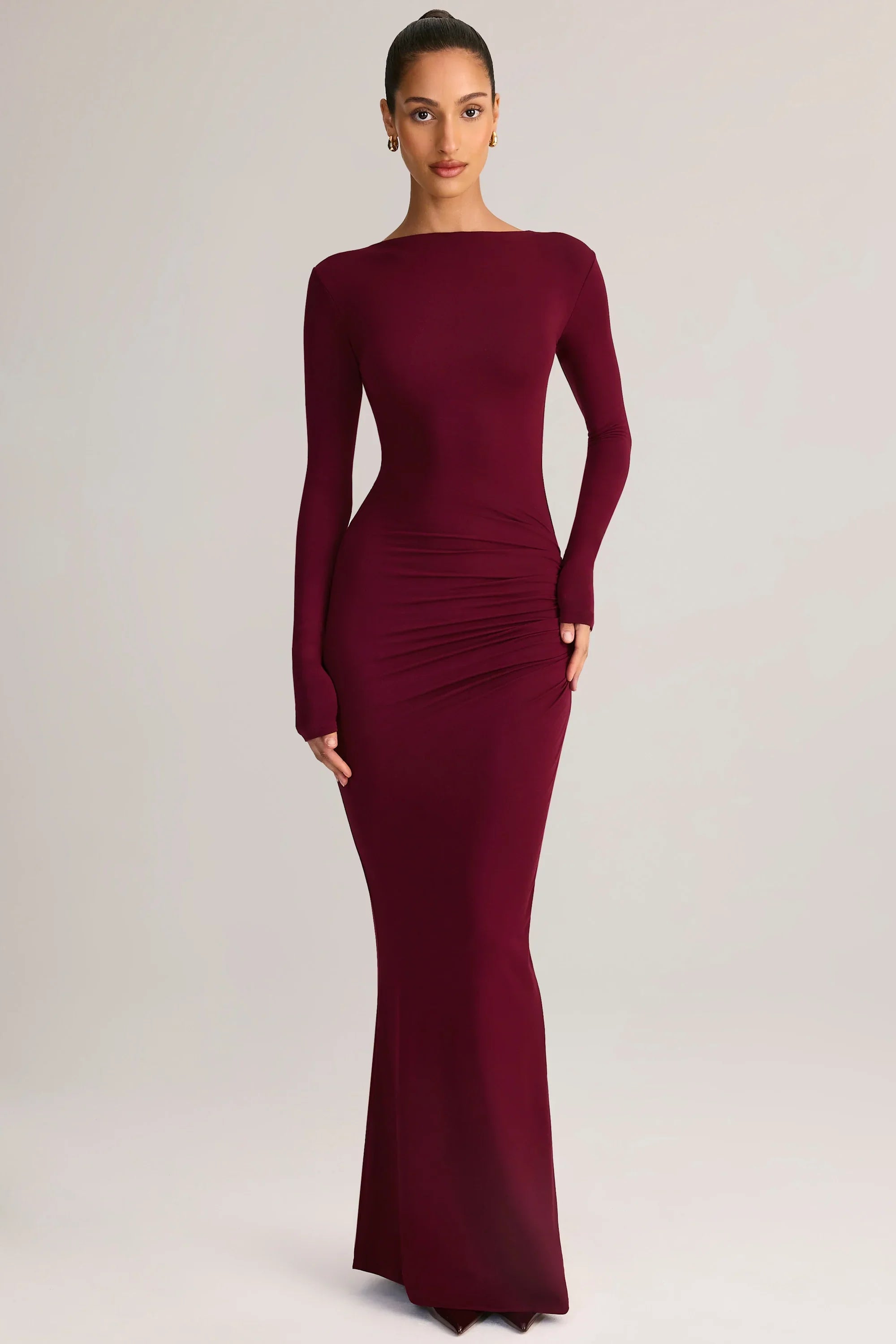 Modal Ruched Backless Maxi Dress in Wine