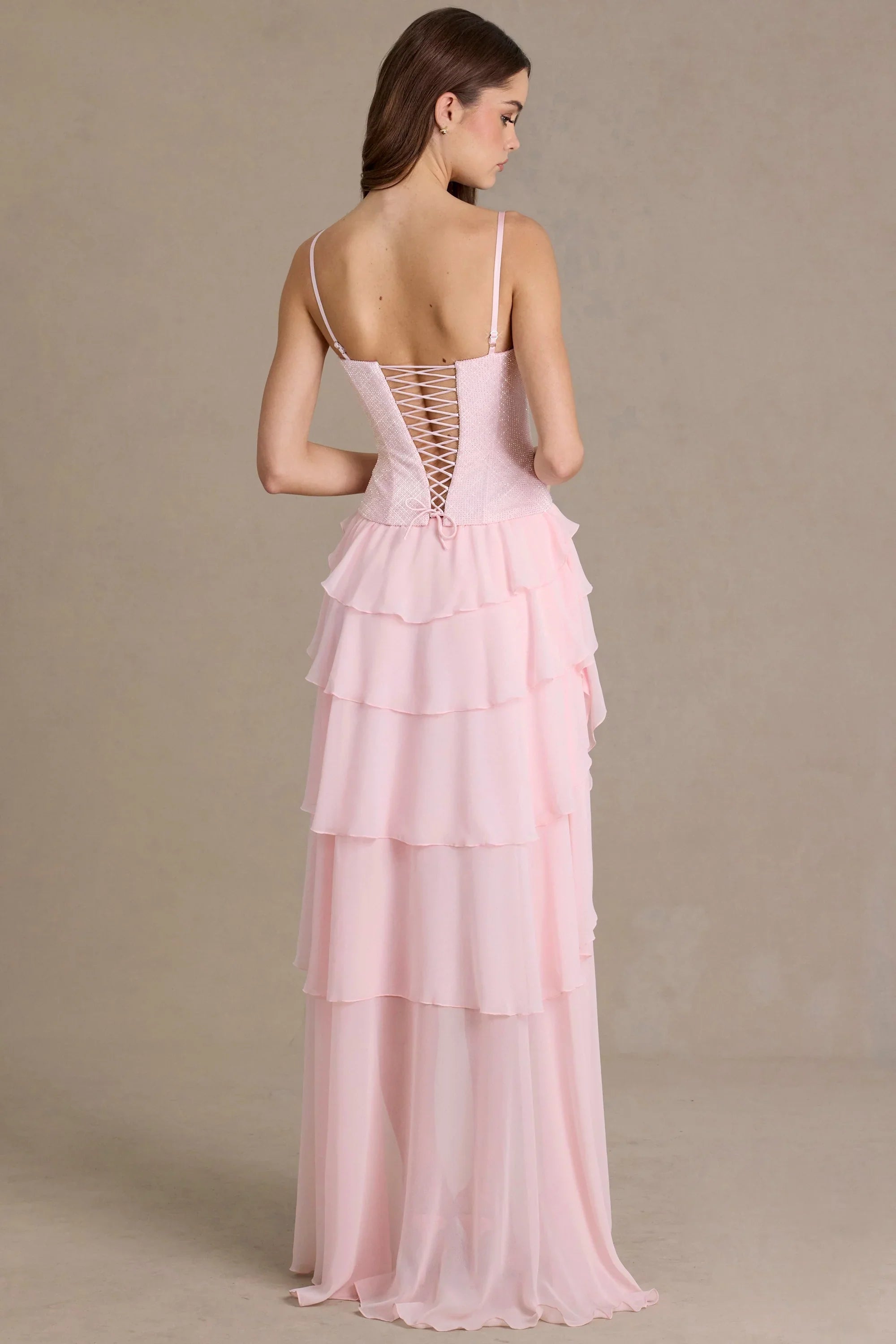 Embellished Cowl Neck Corset Gown in Baby Pink