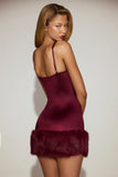 Satin Square Neck Corset Faux Fur Mini Dress in Wine Red