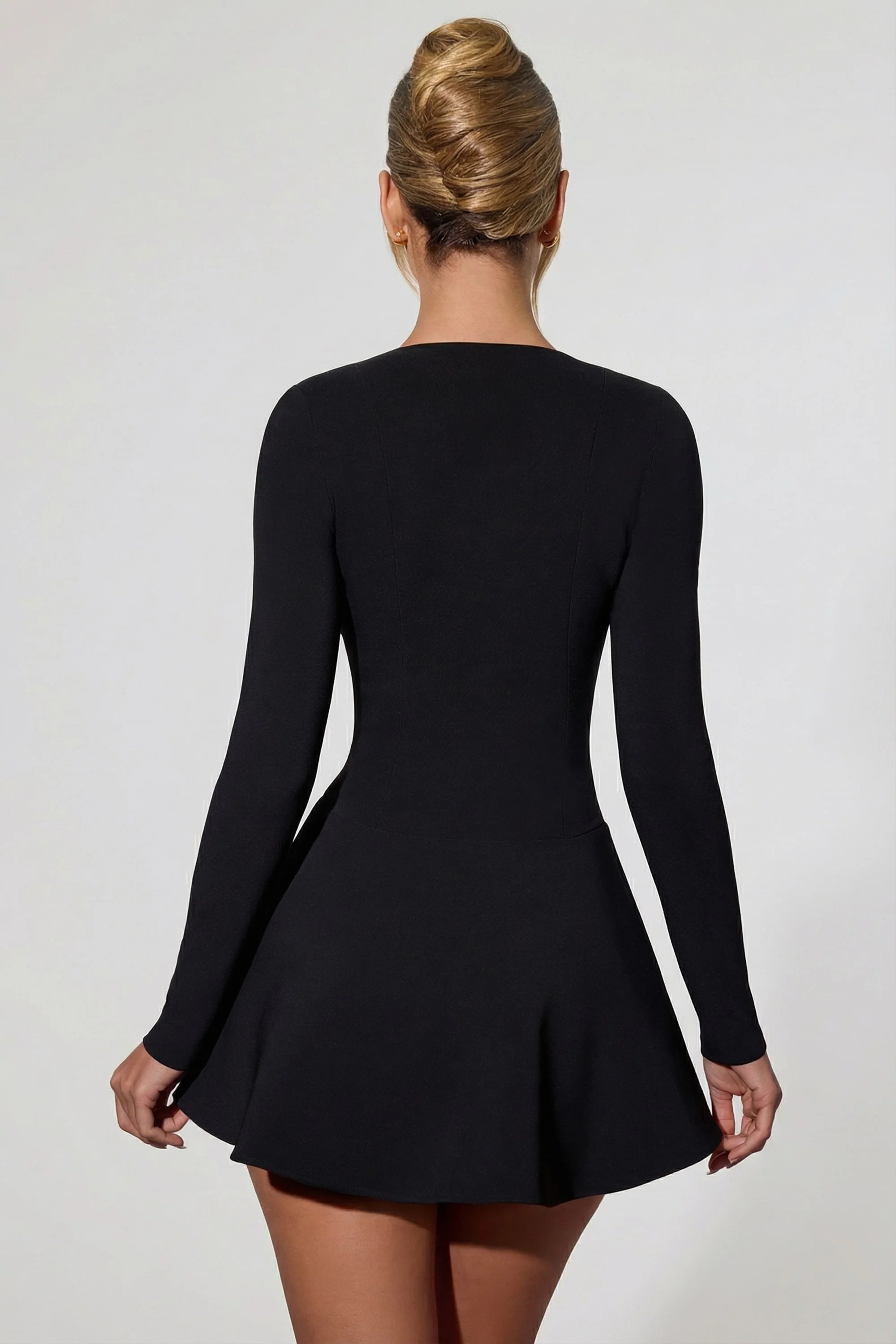 Bow Detail Plunge Neck A Line Mini Dress in Black