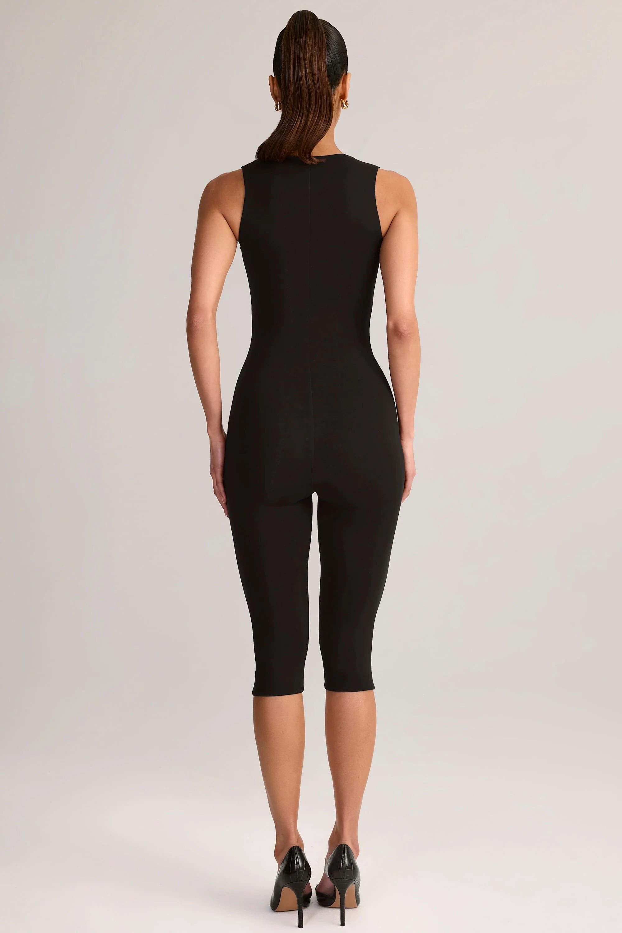 Modal Square Neck Bodycon Capri Jumpsuit in Black