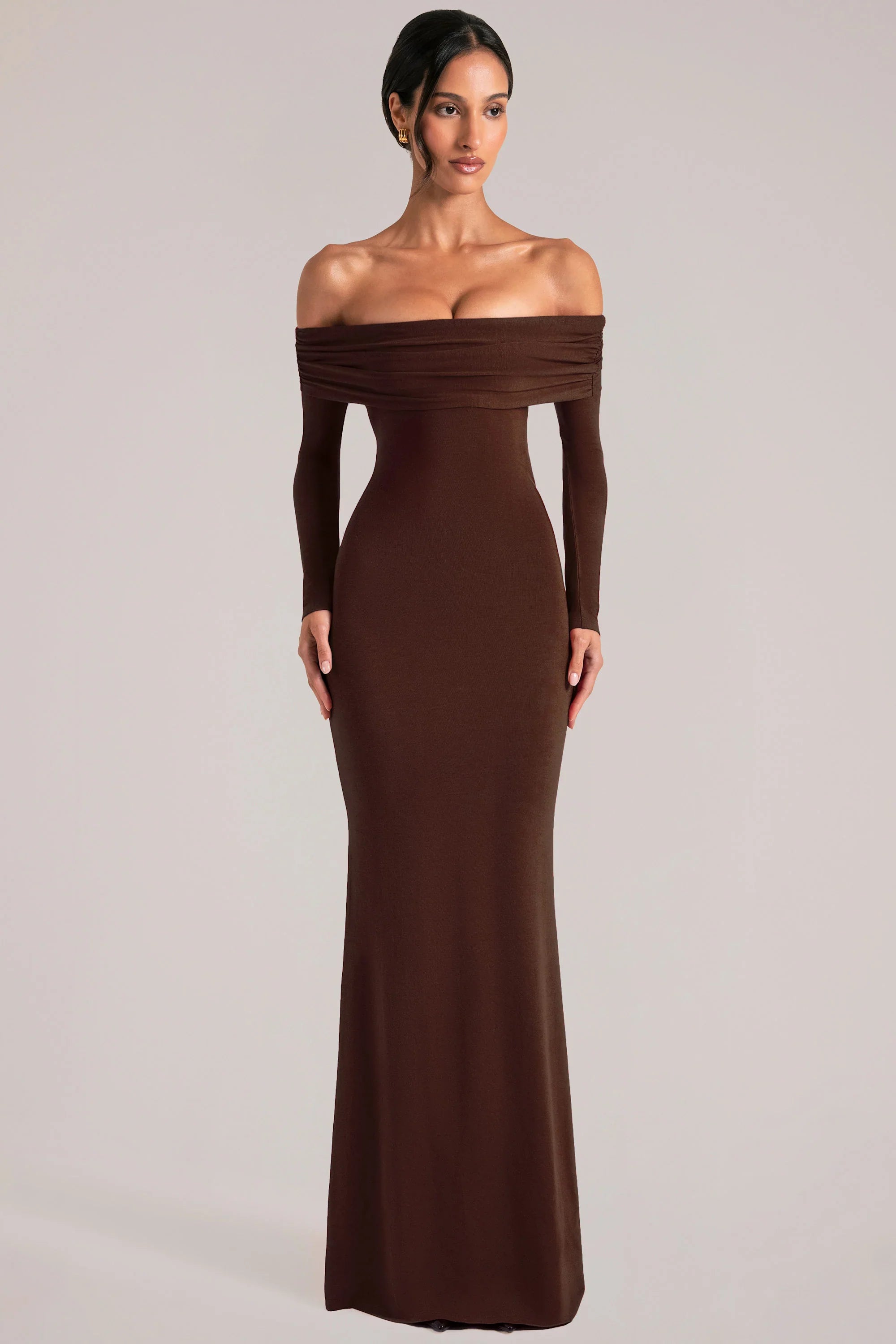 Off Shoulder Long Sleeve Maxi Dress in Chocolate Brown