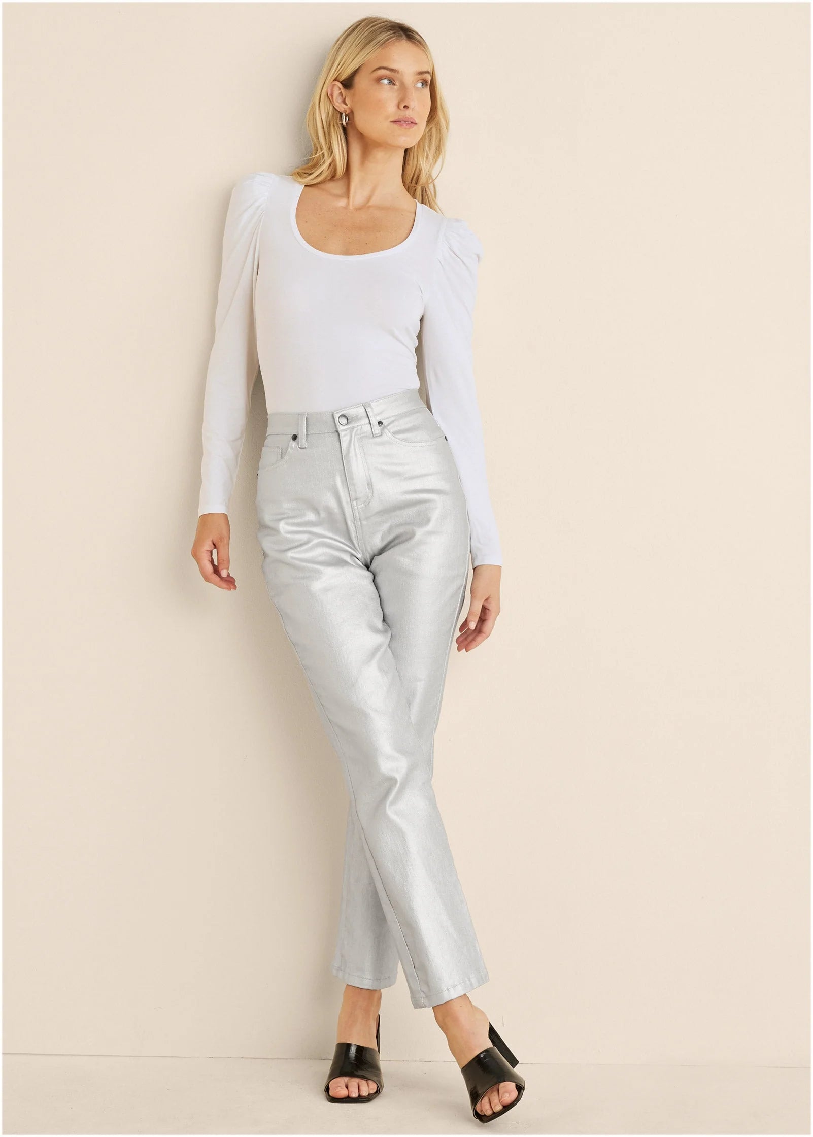 Metallic Straight Leg Jeans Silver Metallic