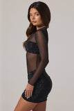 Sheer Embellished High Neck Long Sleeve Mini Dress in Black