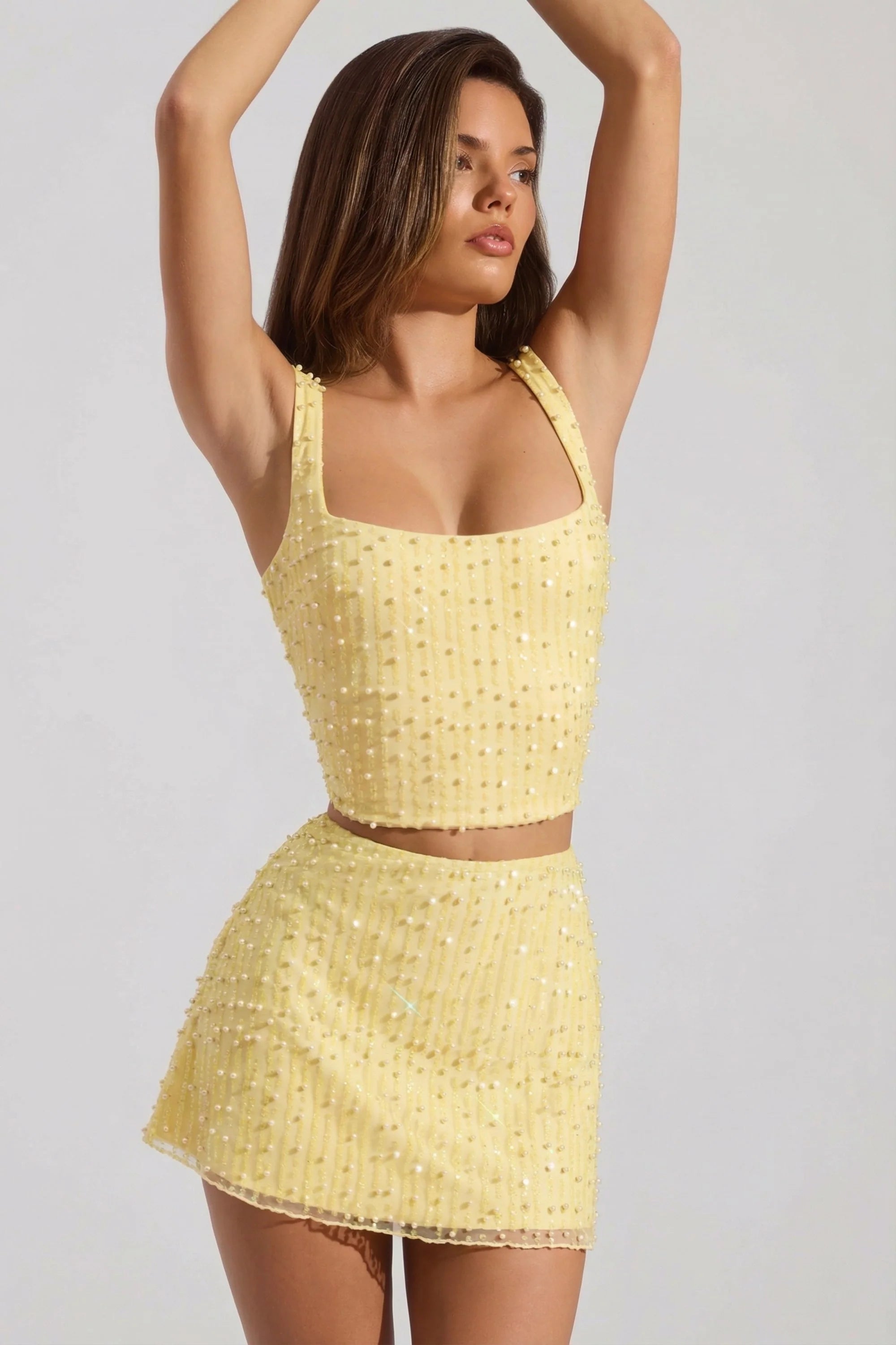 Embellished Low Rise Mini Skirt in Yellow