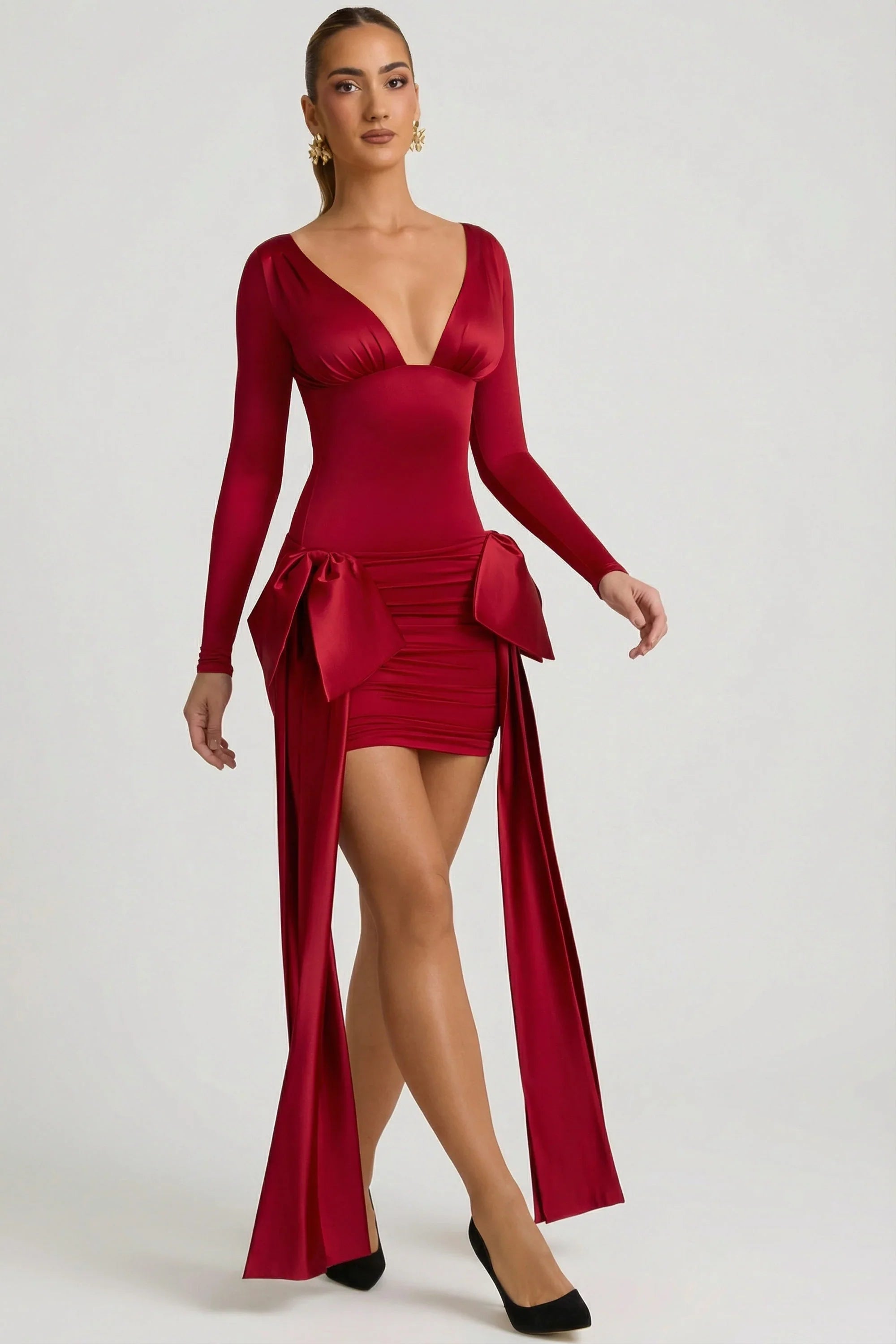 Bow Detail Ruched Mini Dress in True Red