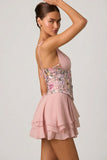 Embellished Ruffled Corset Mini Dress in Floral Pink