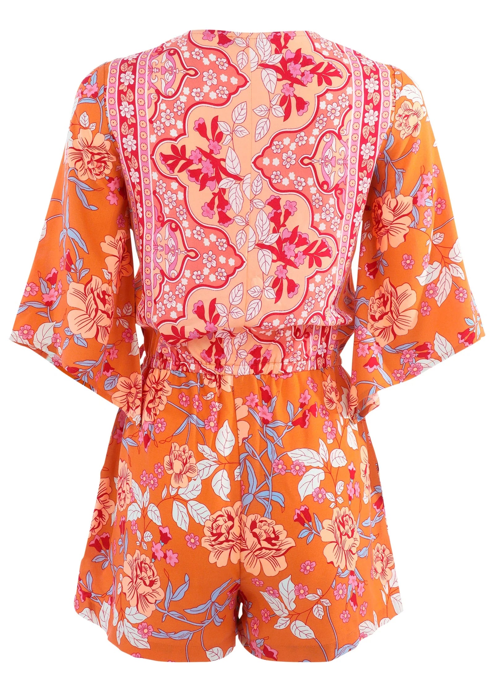 3 4 Sleeve Printed Romper Orange Multi