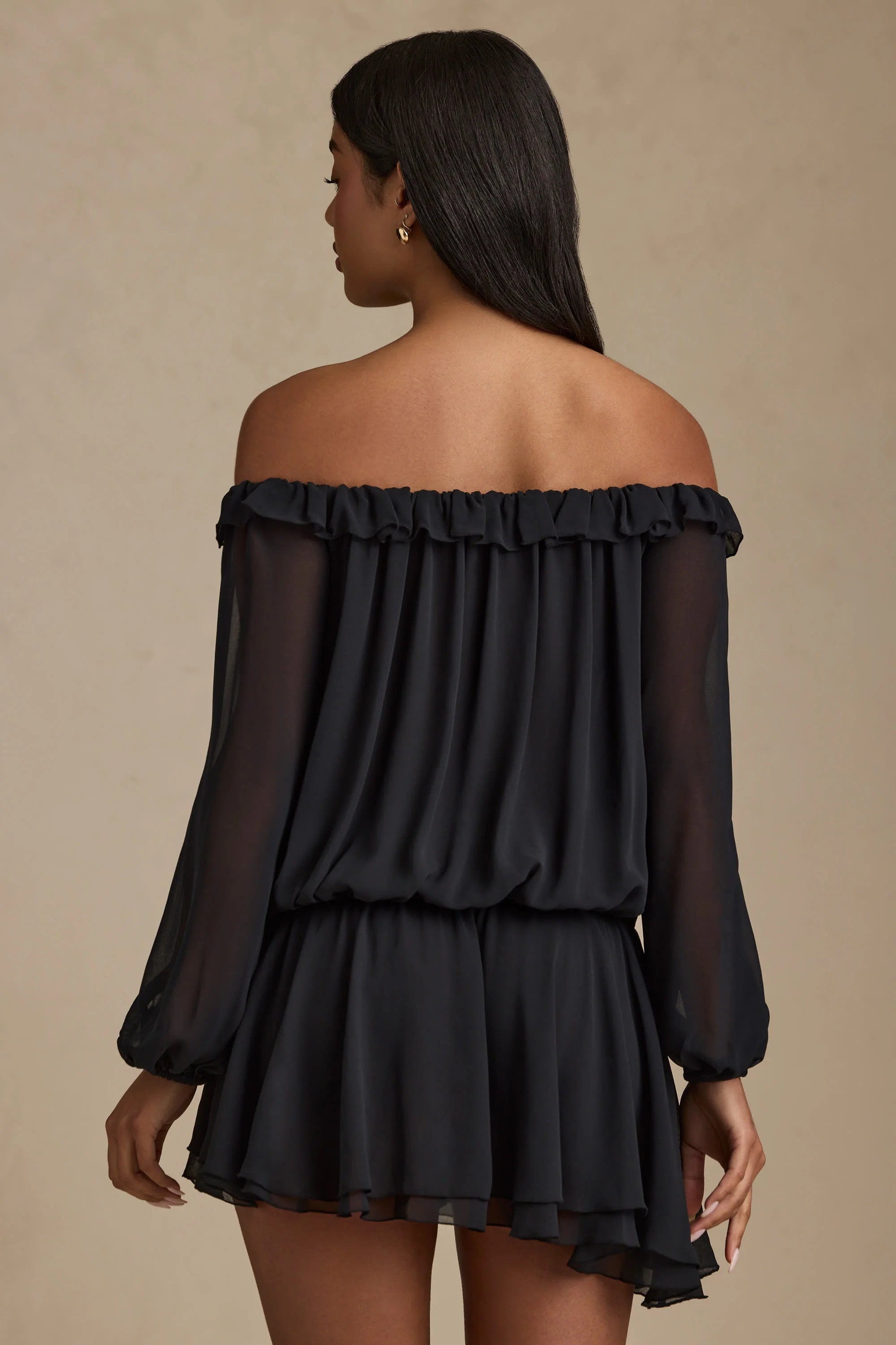 Off Shoulder Asymmetric Balloon Sleeve Mini Dress in Black