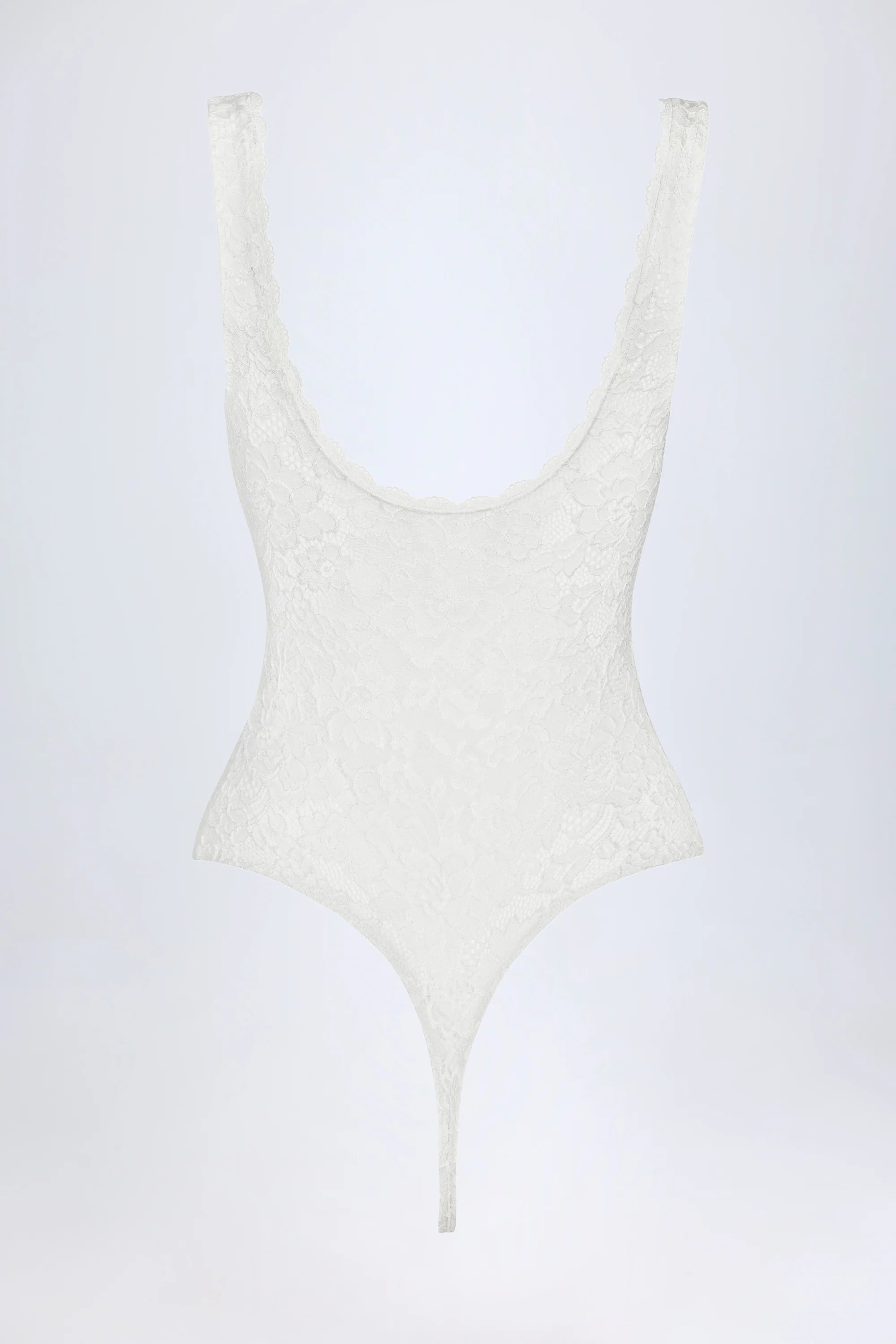 Sheer Lace Scalloped Plunge Neck Bodysuit in White