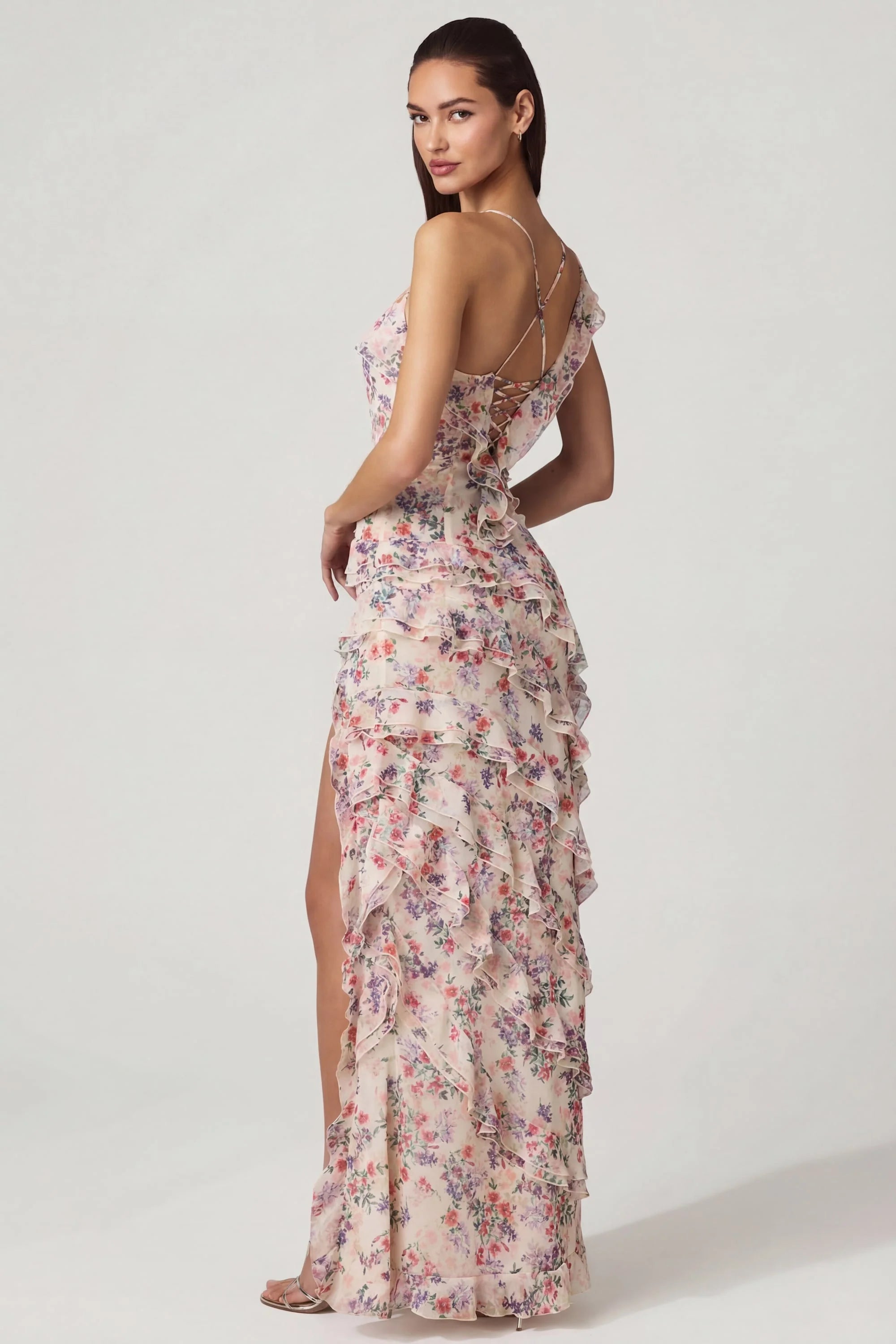 Asymmetric Ruffled Lace Up Gown in Primrose Floral Print