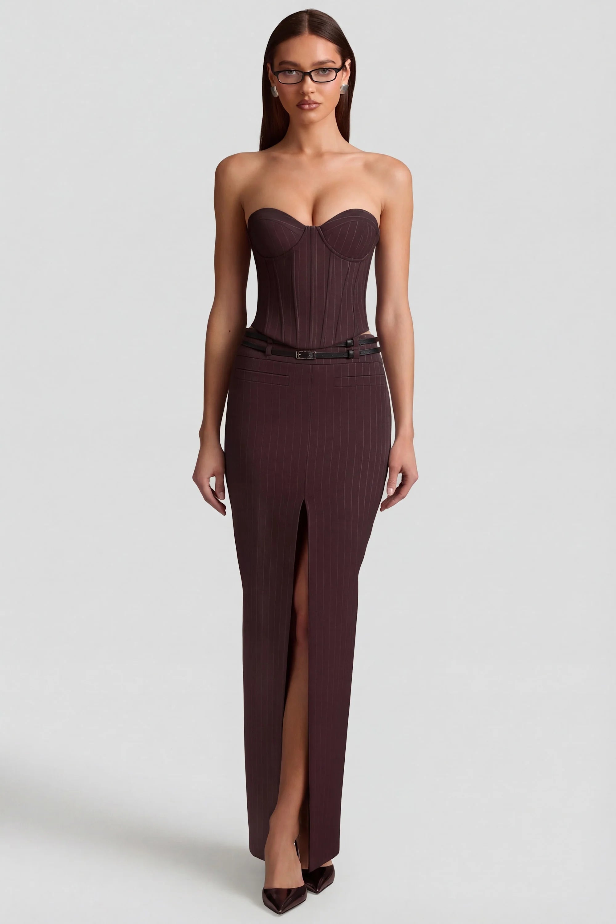 Pinstripe Low Rise Maxi Skirt in Chocolate Brown