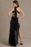 Sequin Lace Scarf Detail Maxi Dress in Black