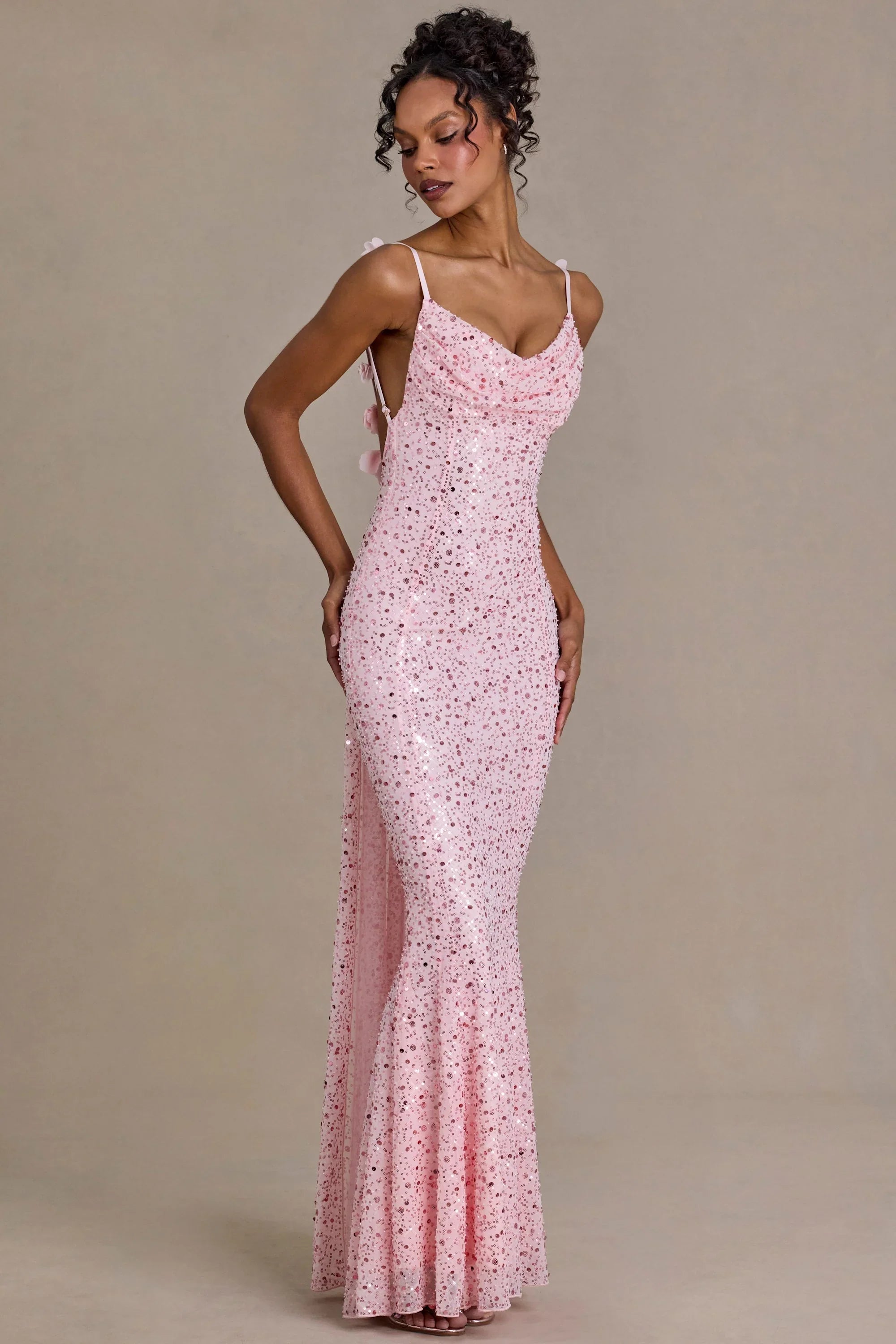 Embellished Open Back Maxi Dress in Baby Pink