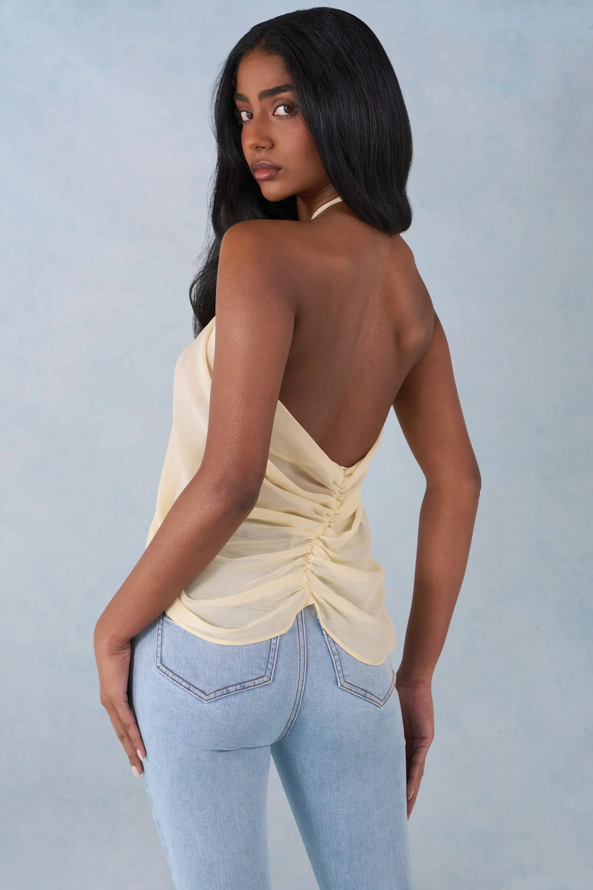 Halterneck Open Front Top in Butter Yellow