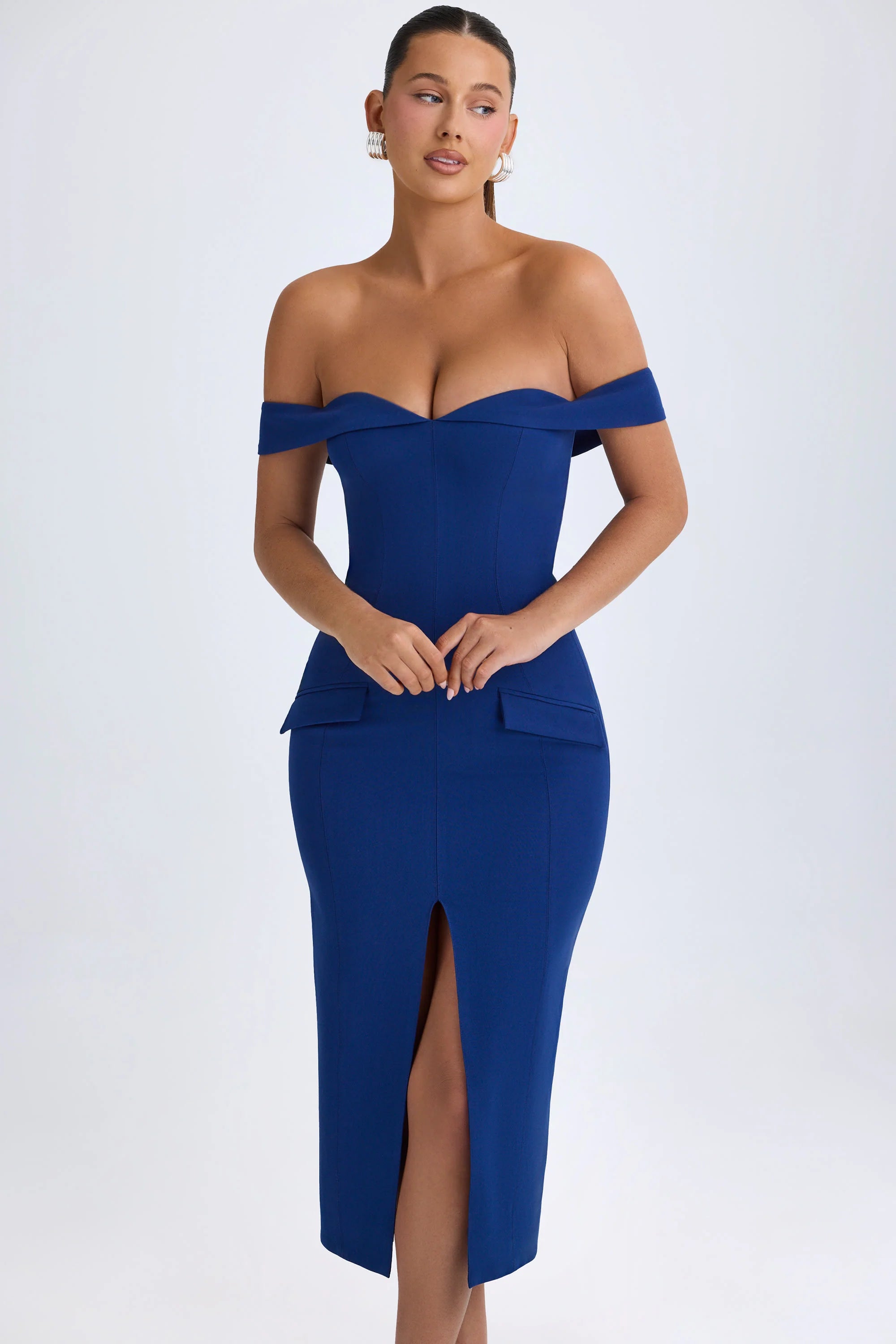 Off Shoulder Midaxi Dress in True Navy