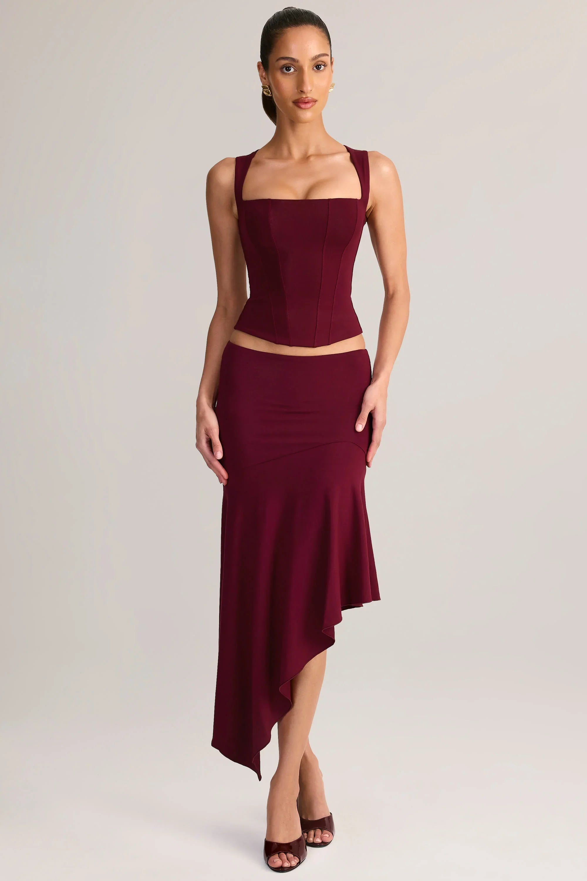 Modal Low Rise Asymmetric Midaxi Skirt in Wine